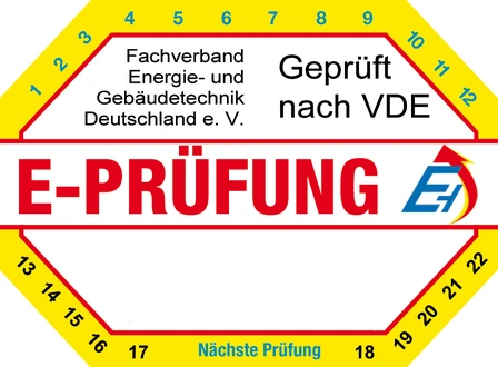 Prüfplakette E-PRÜFUNG, Geprüft nach VDE, mit Feldern für den nächsten Prüftermin